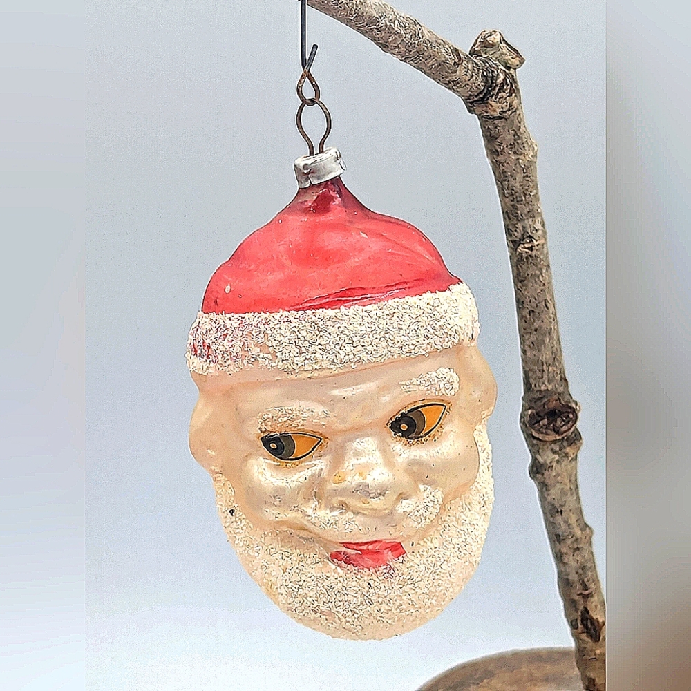 Vintage Glass Santa Head Ornament West Germany Blue Eyes